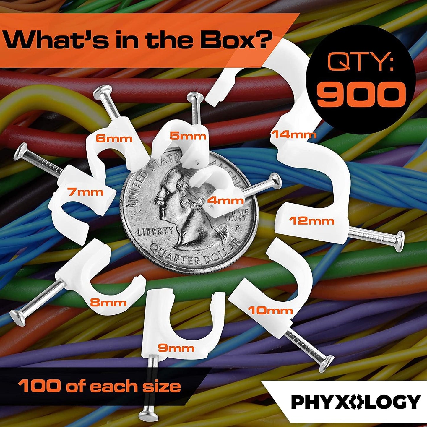 Pro-Grade, Cable Clips with Steel Nails 4mm - 14mm Wire Holders and Tacks in 9 sizes, 100 Per Size. Durable, UV Resistant Plastic Clips Help Organize Coax, Ethernet, Cat5, Cat6 and Other Cords.