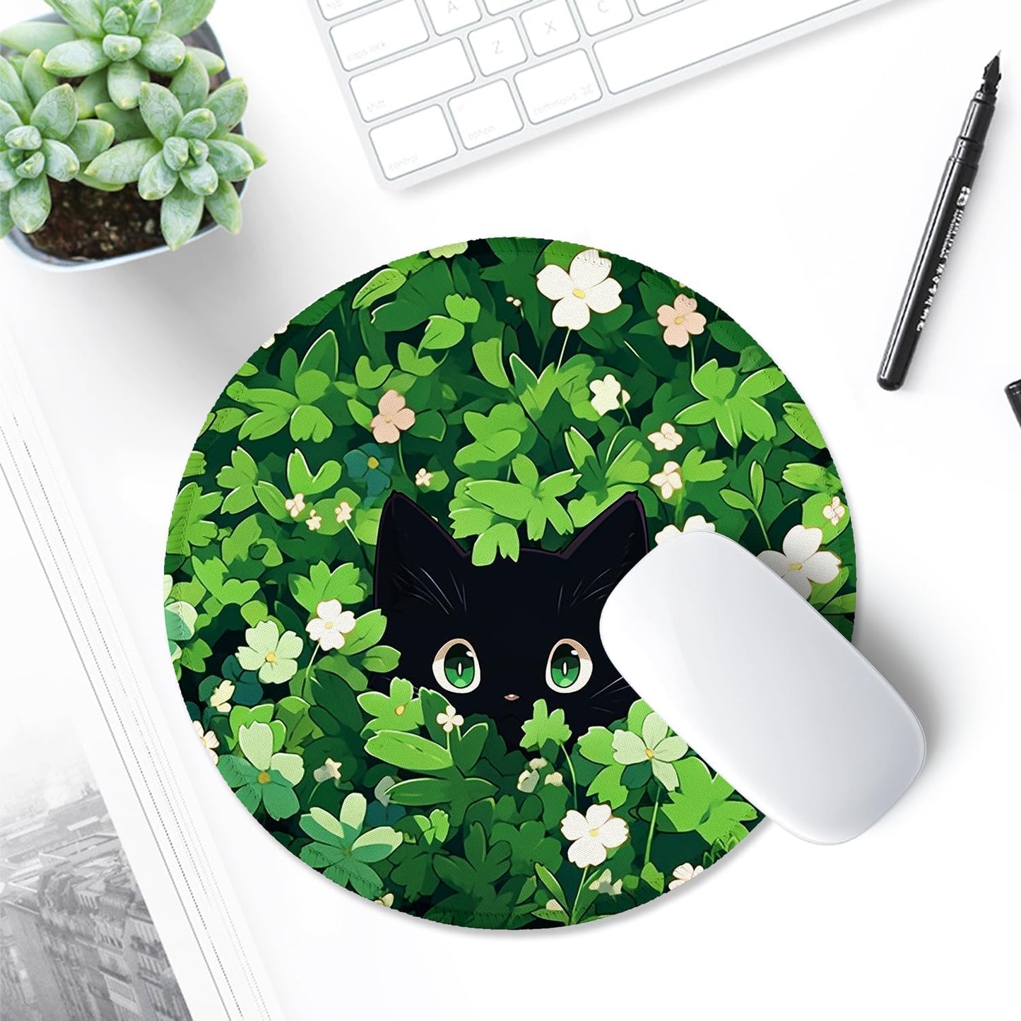 ITNRSIIET Round Mouse Pad with Stitched Edge Premium-Textured Waterproof Non-Slip Rubber Base Desktop Protection Mat Diameter 8.7 inches, Green Leave Cat