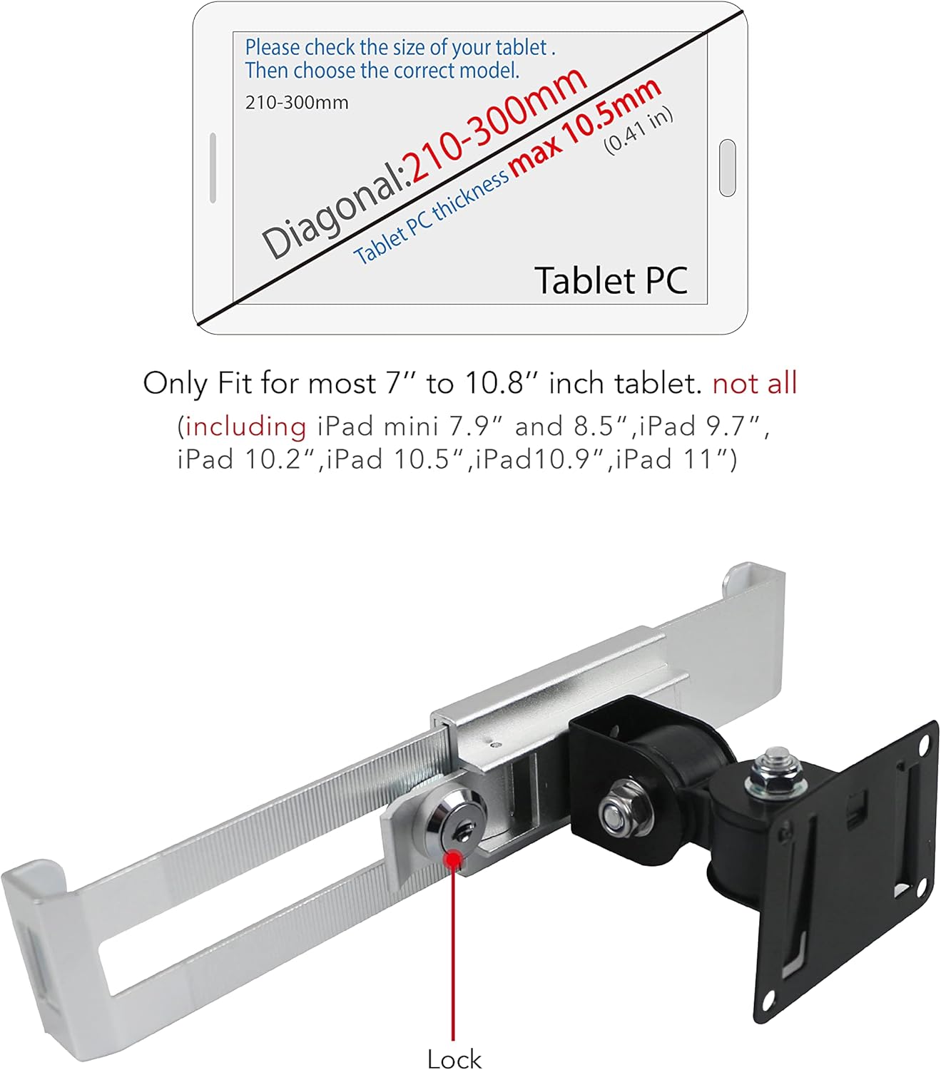 Tablet Wall Mount Holder with Anti Theft Lock,Rotate Design,Multi Angle,Bracket for Most 8 to 10.4 Inch,and for iPad 7.9" 8.3" 9.7" 10.2" 10.5" 10.9"& 11",Galaxy tab,& More,(Silver)