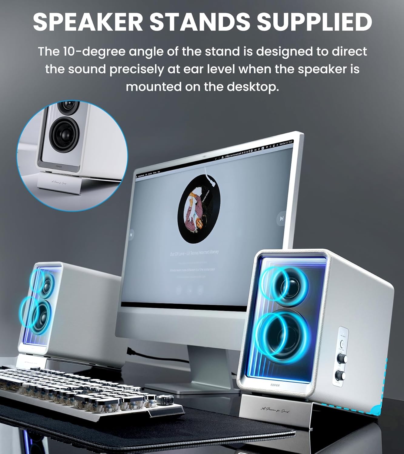 Edifier QR65 Desktop Active Monitor with 2.75" Long-Throw Aluminum Diaphragm mid-Low Drivers, Hi-Res Audio, Brilliant Light Effects, 70W Output Power Bluetooth Speakers with Stands - White