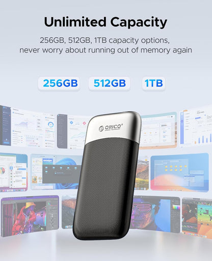 ORICO 256GB Portable SSD, Up to 1050MB/s, Compact with 2 in 1 USB C & A Cable, External Solid State Drives, Reliable Storage for USB C Smartphone, Tablet, PC - M10PRO