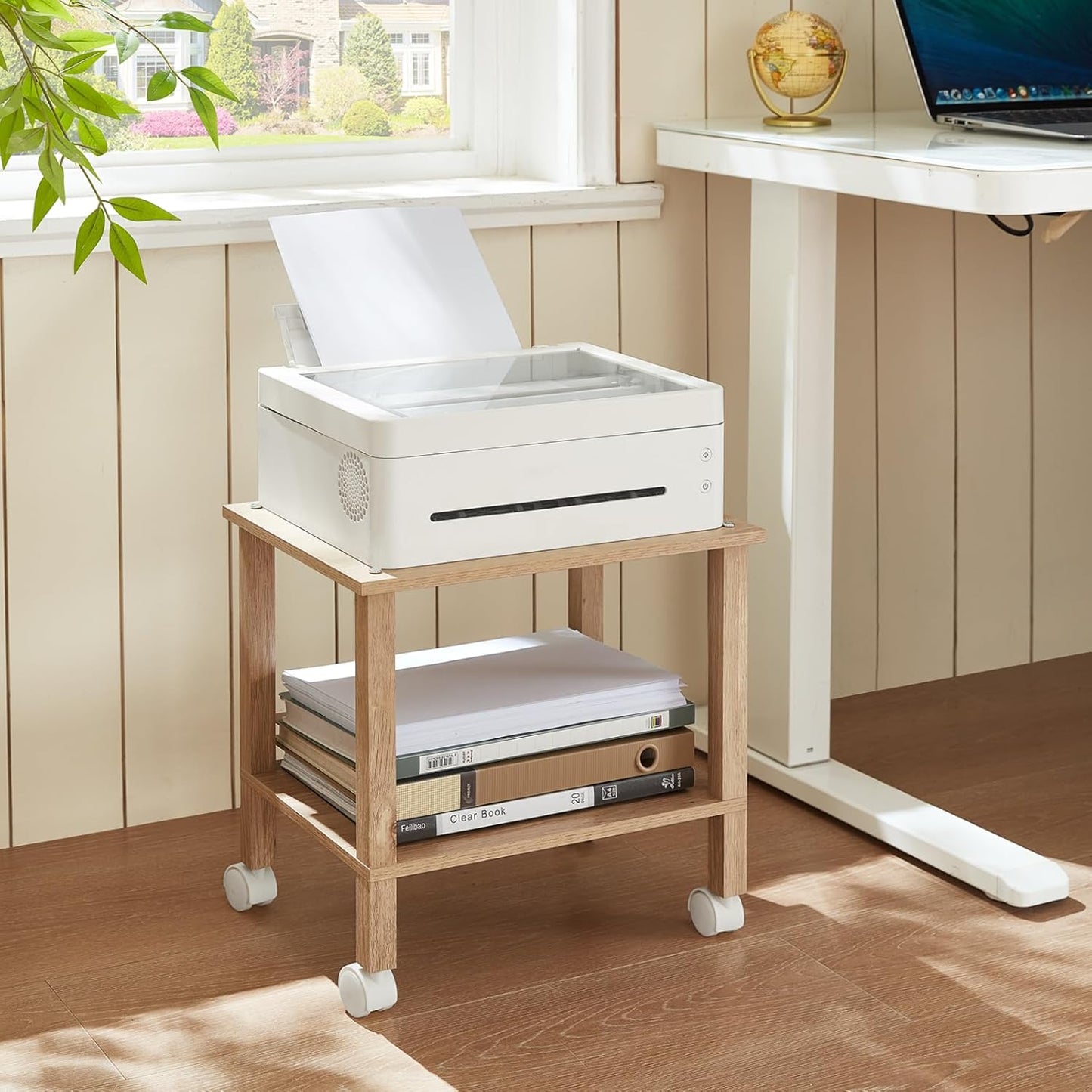 2 Tier Printer Stand with Storage,Under Desk Shelf Printer Table,Small Printer Stand with Wheels,Rolling Printer Cart for Office,Home,Wood Color