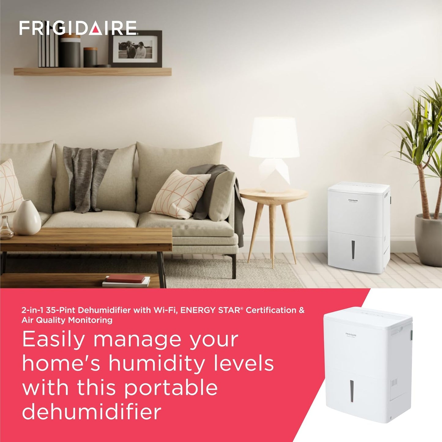 Frigidaire Gallery 2-in-1 35-Pint Dehumidifier with Wi-Fi, Energy Star Certification & Air Quality Monitoring for Small/Medium/Large Rooms & Basements, Custom Humidity Control, Auto Shut Off, White