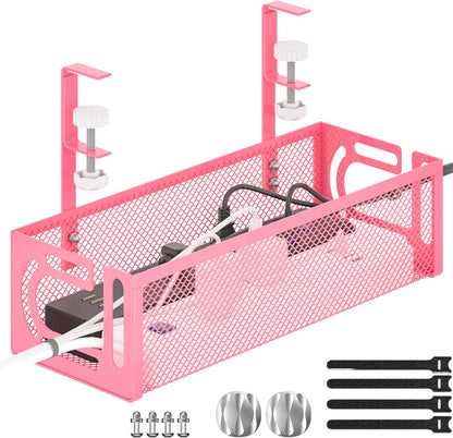 Under Desk Cable Management Tray, 15.7'' No Drill Steel Desk Cable Organizers, Wire Management Tray Cable Management Rack (1 Pack-Pink)