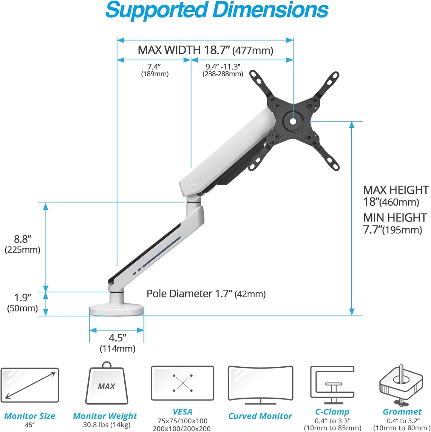 AVLT Single 27”-45” RGB Gaming Monitor Arm Desk Mount Built-in 20 Lighting Modes Touch Button Control Fits Flat/Curved/Ultrawide Screens Height Swivel Tilt Rotation Adjustable Stand -White