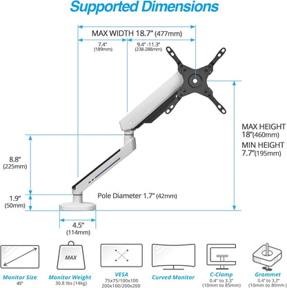 AVLT Single 27”-45” RGB Gaming Monitor Arm Desk Mount Built-in 20 Lighting Modes Touch Button Control Fits Flat/Curved/Ultrawide Screens Height Swivel Tilt Rotation Adjustable Stand -White