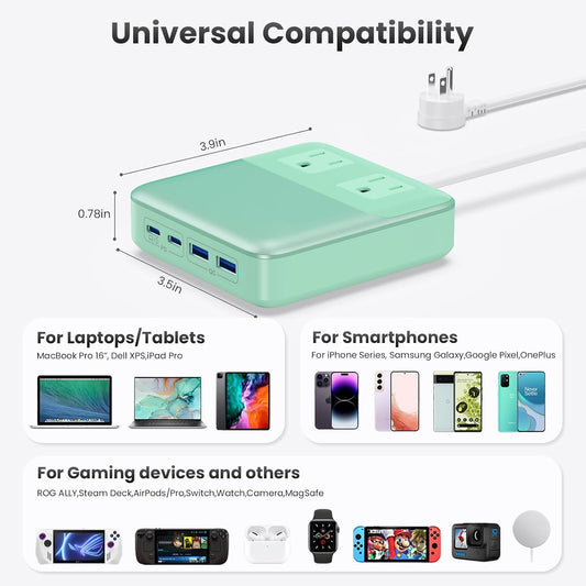 USB C Charger Block,135W GaN IV Fast Charging Station Hub,6-in-1 USB C Power Strip with Flat Plug and 5ft Cord,2 AC,2 USB A,2 USB C,PD 65W Laptop Charger for MacBook Air/Pro,iPhone16/15,Samsung-Green