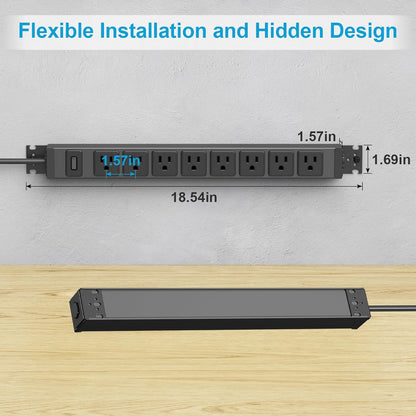 HHSOET Metal 360° Rotating Mountable Power Strip, 8 Outlet Gaming Table Mounted Outlet Strip, Heavy Duty Wall Mount Surge Protector with Switch, 15A 125V 1875W, 10ft Power Cord.(Black)