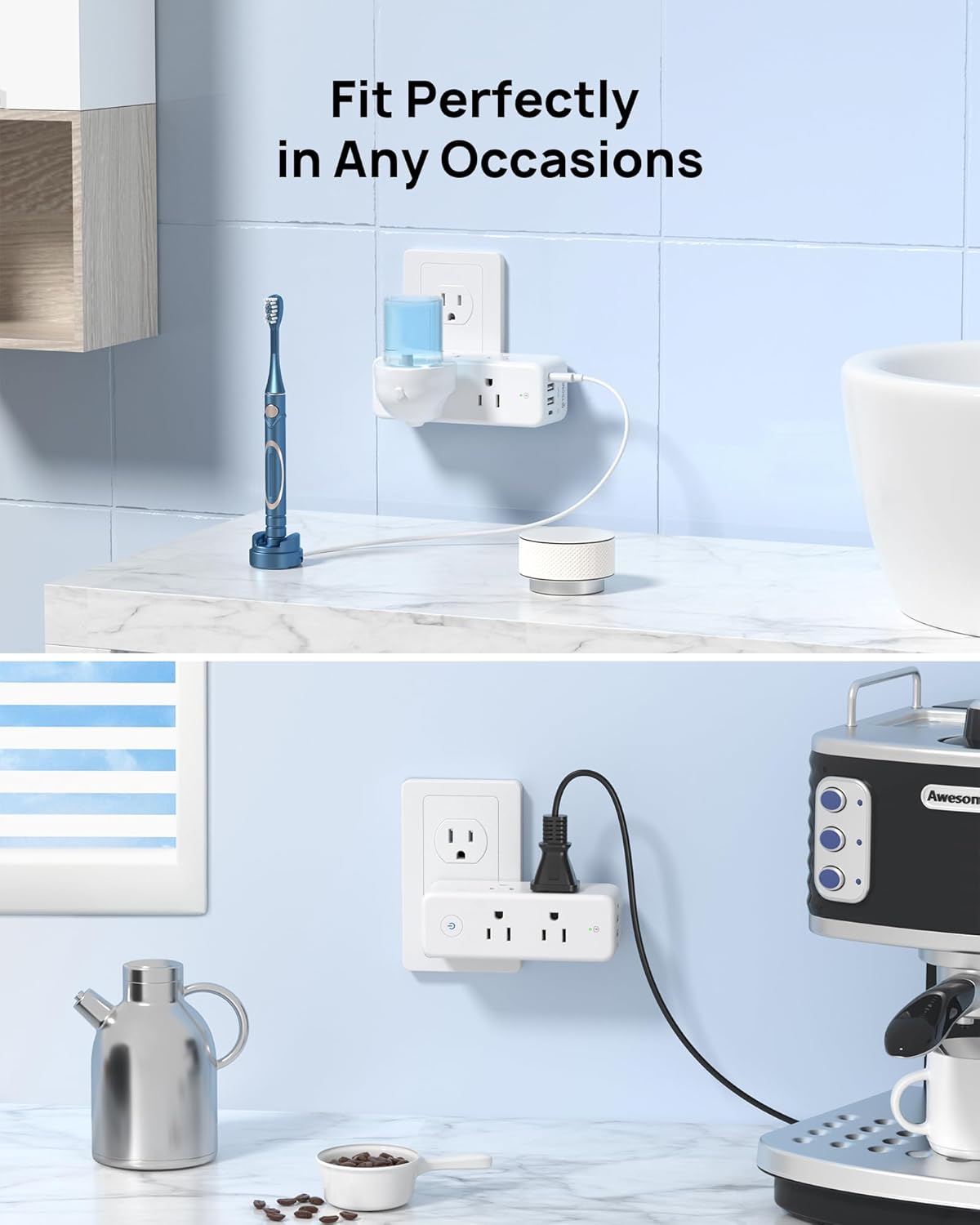 TROND Outlet Extender Surge Protector, 6 AC Outlet Splitter with Rotating Plug 360, Multi Plug Adapter with PD 20W USB C, 1440J, 2 USB-A & 2 USB-C, 3 Way Wall Extension Outlet for Home Office Travel