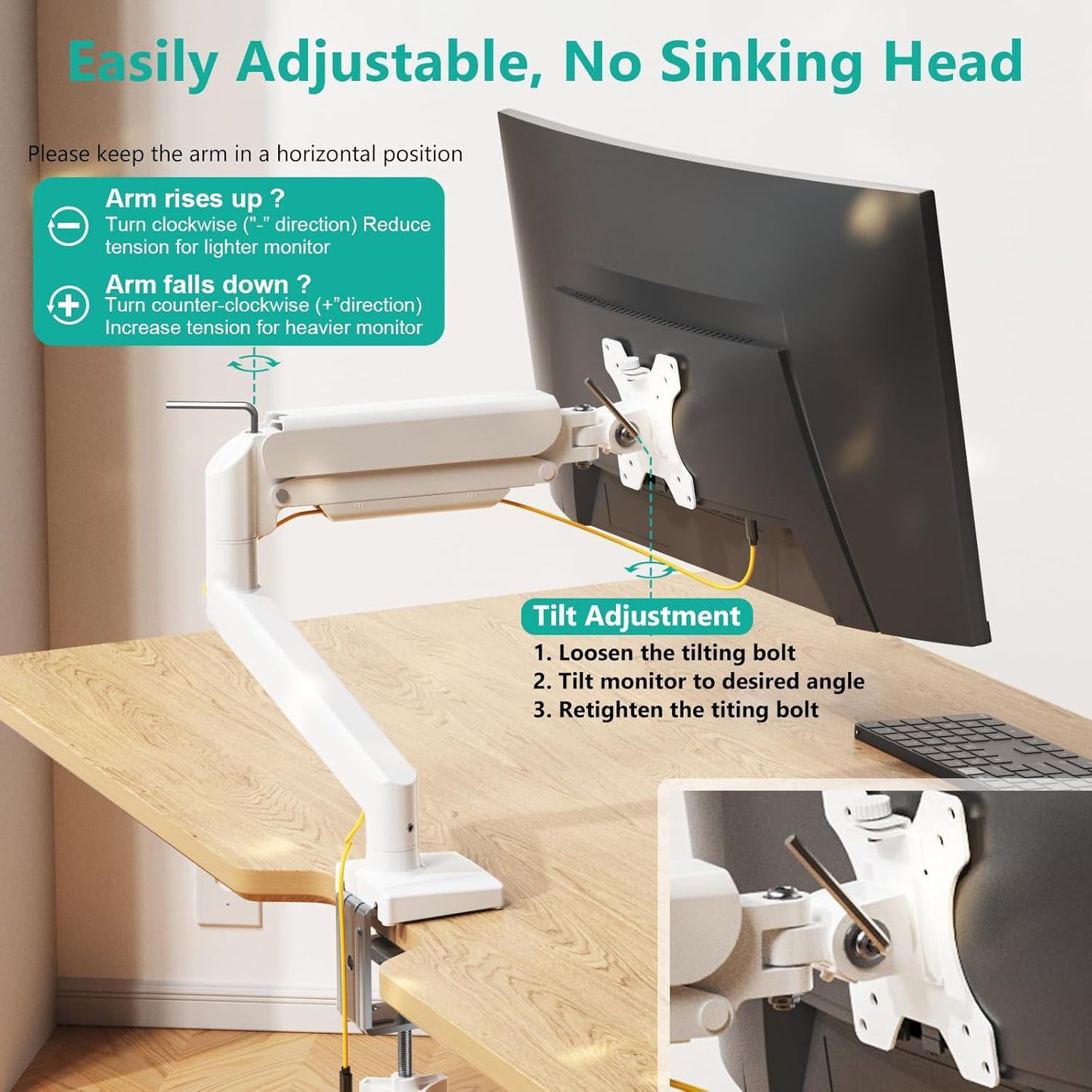 WALI Single Monitor Arm Mount Stand, Adjustable Gas Spring Arm Monitor Mount for Display up to 32 Inch,19.8lbs Capacity (GSMP001W), White