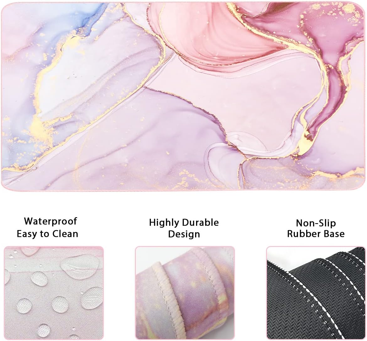 Large Mouse Pad and Keyboard Wrist Rest, Desk Pad for Keyboard and Mouse, 4-in-1 Large Gaming Mouse Pad with Wrist Support, Non-Slip Desk Mat for Home Office Study Game-Pink Marble