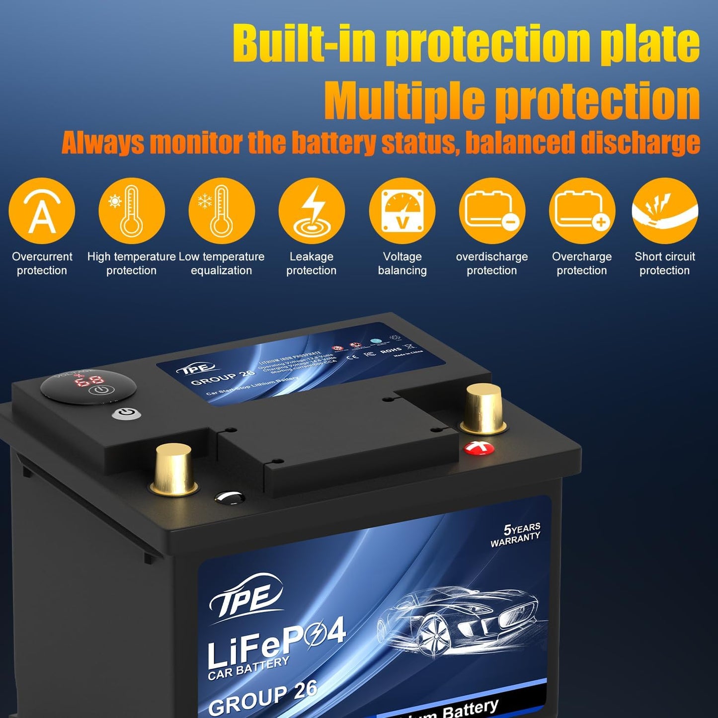 TPE Car Start Stop System BCI Group26 LiFePO4 Lithium-ion Battery 12.8V 800A Lightweight High Performance Battery Battery Level Display Left Negative Right Positive