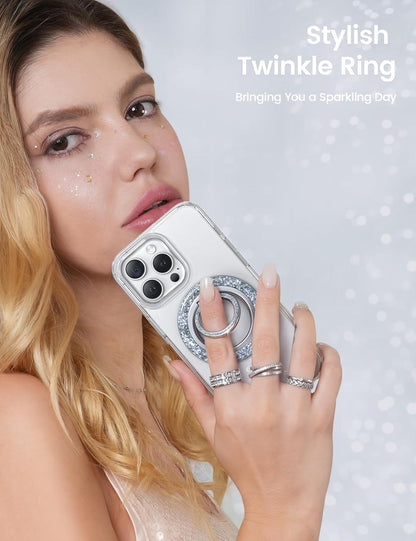 Lamicall Magnetic Phone Ring for MagSafe Grip - 2025 [Super Magnet] Stylish Twinkle Ring Holder Stand with [Upgrade Gear Hinge], Mag Safe Accessory for iPhone 16 15 14 13 Pro Max Plus, Glitter Silver