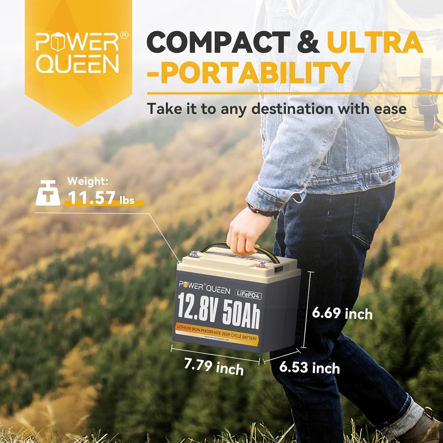 Power Queen 12.8V 50Ah LiFePO4 Battery with 14.6V 10A LiFePO4 Battery Charger; Built-in 50A BMS, Fast and Fully Charged, 15000+ Cycles, Perfect for Kayak, RV, Trailer, Solar Application