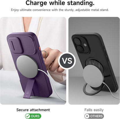 SURITCH for iPhone 16 Case with Magnetic Camera Slide Cover and Adjustable Kickstand, Compatible with MagSafe, Shockproof Bumper Case Slim Protective Cover 6.1 Inch, Dark Purple