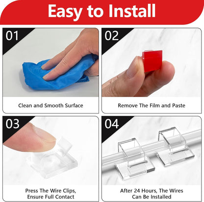 100PCS Cable Clips, Adhesive Wire Clips Organizer Cord Clips Management, Cable Staples Outdoor Strong for Wall, Desk, Christmas Lights, String Lights, Fairy Lights, Clear Glossy, Small