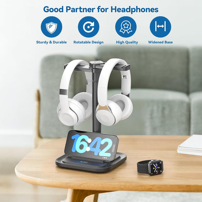 KDD Dual Headphone Stand for Desk - Rotatable Headset Hanger with Phone Holder - Removable Non-Slip Base for Gamers Desktop Accessories