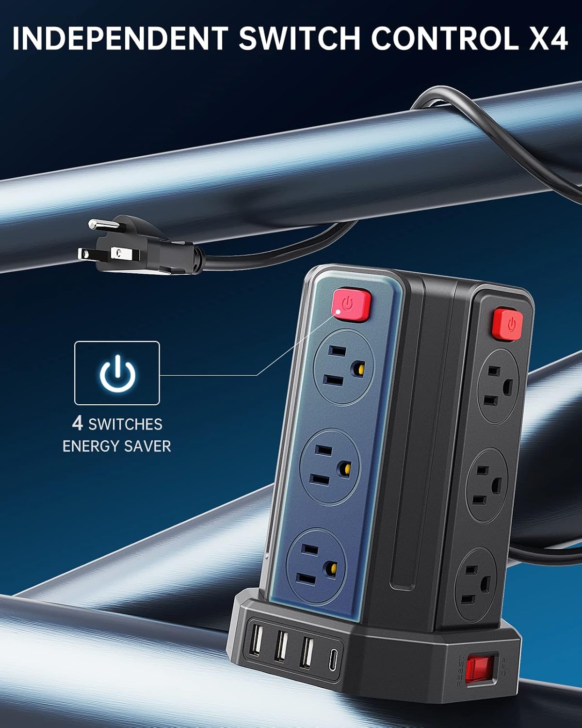 Power Strip Surge Protector, 10 Ft Extension Cord with 12 AC Multiple Outlets 4 USB (1 USB C), SMALLRT Power Tower Desktop Charging Station (Black, 16.4 FT)