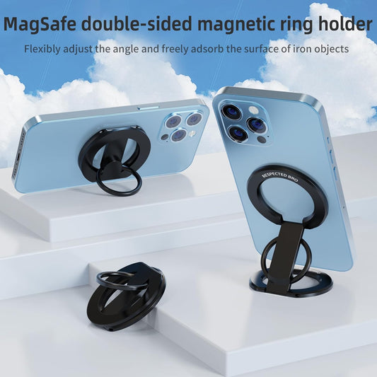 RESPECTED BRO-Magnetic-Phone-Ring-Holder with Dual Rings, Compatible with iPhone 16/15/14/13/12, Multifunctional Stand for Desk,Office,Gym,Kitchen & All Metal Surfaces, Finger Loop Grip (Black)
