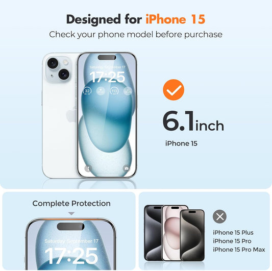 UNBREAKcable 3-Pack Screen Protector for iPhone 15, Double Shatterproof Tempered Glass [Easy Installation Frame] [9H Hardness] [99.99% HD Clear] [Case Friendly] for iPhone 6.1 inch