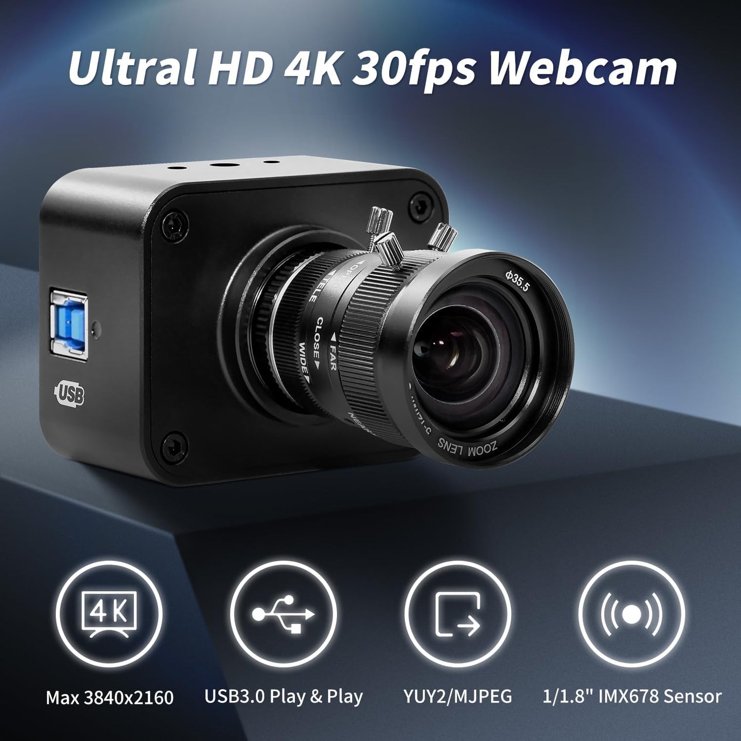 MOKOSE USB Camera 4K,USB3.0 Manual Focus Webcam with 5-12mm Varifocal Lens, IMX678 1/1.8" 8MP Sensor Support YUY2,Web Camera for Desktop Computer Laptop