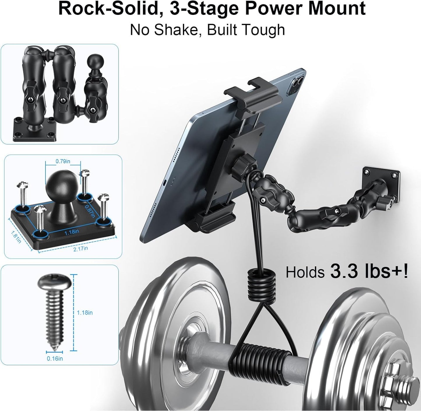 PLDHPRO Tablet Holder for Car Dashboard Heavy Duty Drill Base 360° Adjustable 3-Stage Stand Dash Mount Compatible with iPad, Galaxy Tab, Fire HD, 5.1-15.6'' Phone Tablets for Truck Wall Desk Vehicle