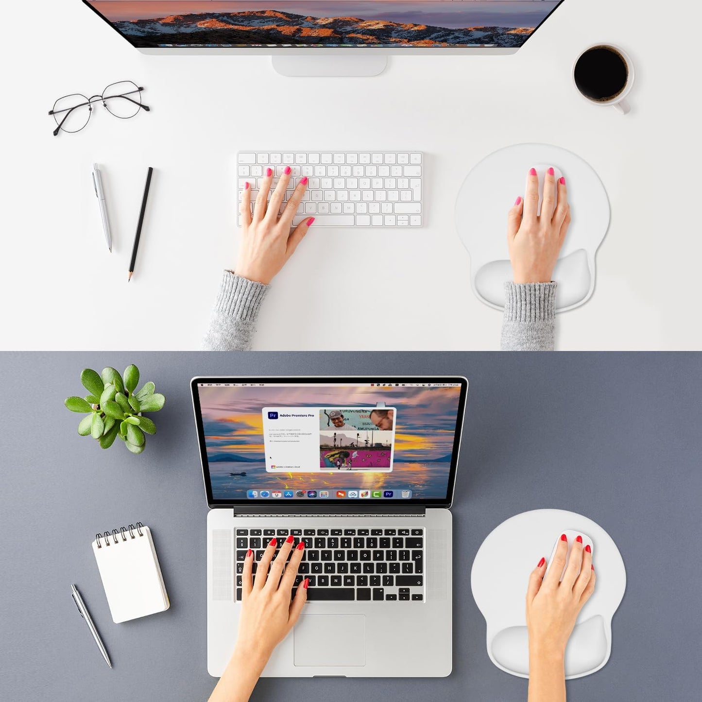 ITNRSIIET Ergonomic Mouse Pad with Wider Memory Foam Wrist Rest +17% - Curved Cushion Reduces Pressure 20%, Pain Relief, Non-Slip, Smooth, Cute Colors, 9.85 x 9 in, White