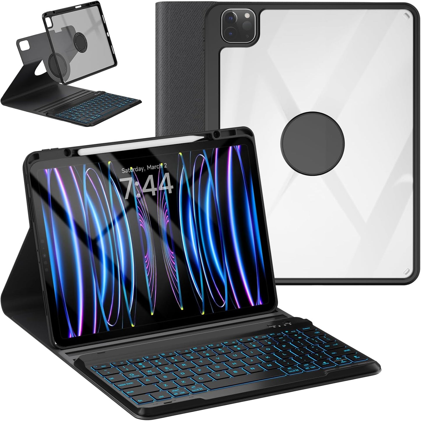 OYEEICE Keyboard Case for iPad Pro 12.9 inch 6th Gen 2022, 5th 2021, 4th 2020, Rotating Detachable Clear Cover with 7 Colorful Backlit Keyboard Wireless, Pencil Holder, Auto Wake/Sleep - Black