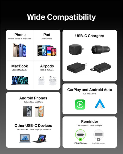 Belkin USB C to USB C Cable, 3.3ft, 60W - Type C Charger, iPhone Charger Cord, Soft, Braided, Flexible for iPhone 16, Galaxy S25, Pixel 9, Airpods, iPad Pro, Tablet & More, Travel Essentials - Black