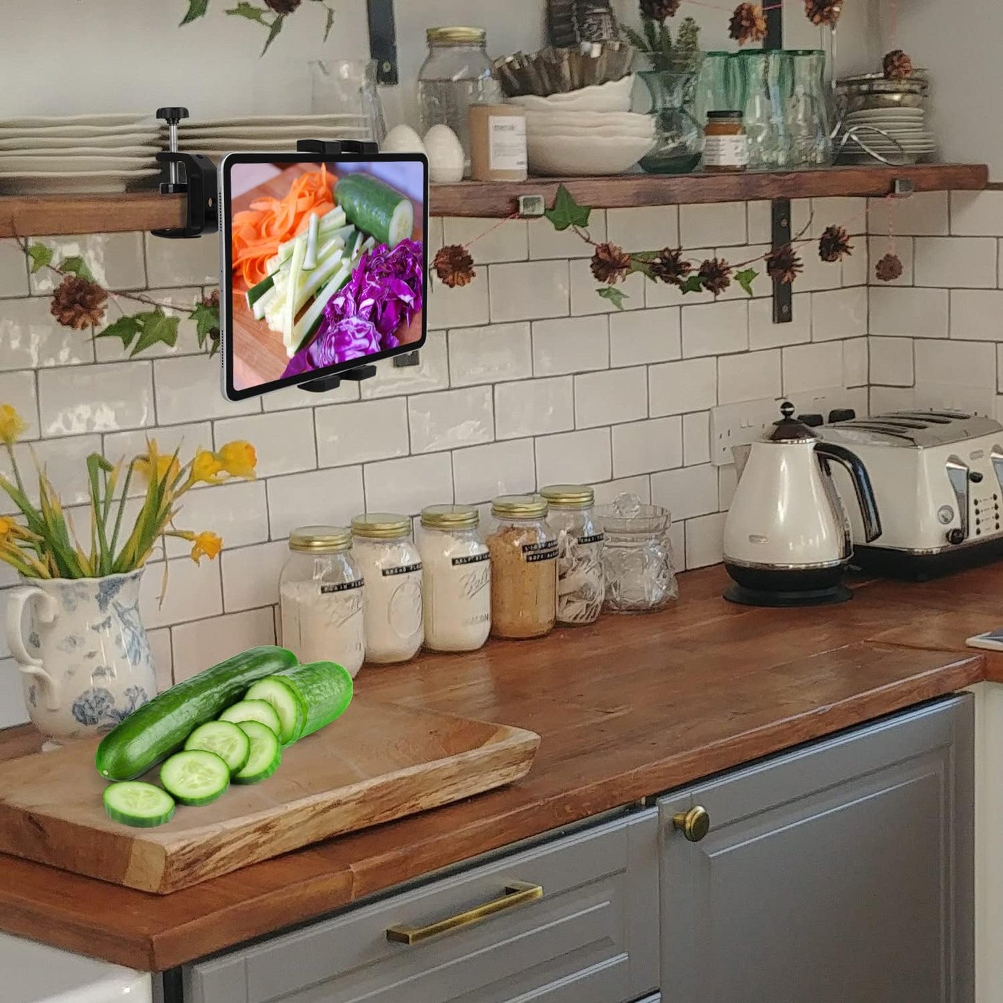 Under Cabinet Tablet Mount, Kitchen Tablet Holder iPad Mount for Desk/Table/Board/Chair,Compatible with 4.7~12.9" iPad/Nexus/LG G Pads/e-Reader/Switch/iPhone,360° Adjustable Aluminum Alloy Arm Stand