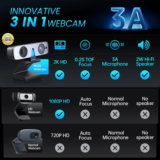 ROCWARE RC08 2K Webcam with Speaker, Webcam for PC, HD Web Cam with Noise Reduction Mic/Harman Speaker/4X Eptz/Privacy Cover/0.2S Auto-Focus/Low Illumination, Computer Camera for Zoom/Teams/Meeting
