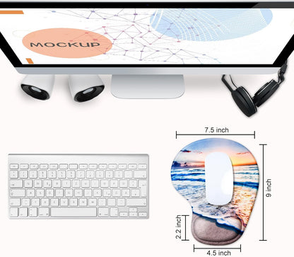 JIKIOU Mouse Pad, 2 Pack Ergonomic Mouse Pads with Comfortable Gel Wrist Rest Support and Smooth Cloth, Non-Slip PU Base for Easy Typing Pain Relief Durable and Easy to Clean Small Beach