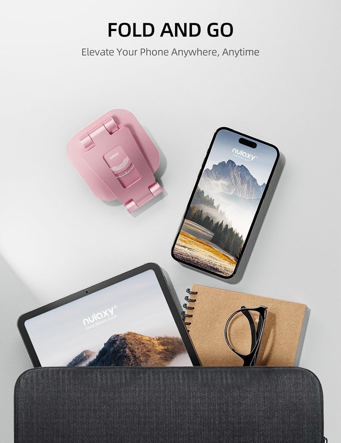 Nulaxy Rotatable Cell Phone Stand, Fully Adjustable Foldable Desktop Phone Holder Cradle Dock, Thick Case Friendly, Compatible with All Phones, Nintendo Switch, Rose Gold