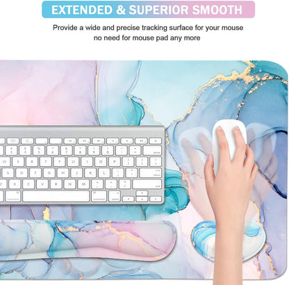 Ergonomic Large Mouse Pad and Keyboard Wrist Rest, Desk Pad for Keyboard and Mouse, 4-in-1 Large Gaming Mouse Pad with Wrist Support - Blue Marble