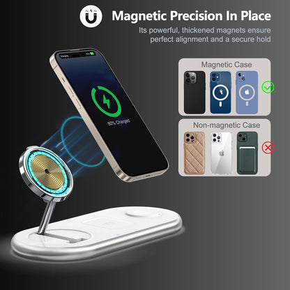 2025 Upgraded 3 in 1 Charging Station for Apple Devices, Fast Magnetic Mag-Safe Wireless Charger Stand for iPhone 15/14/13/12 Series & Apple Watch 1-9/Ultra & AirPods Pro (White)