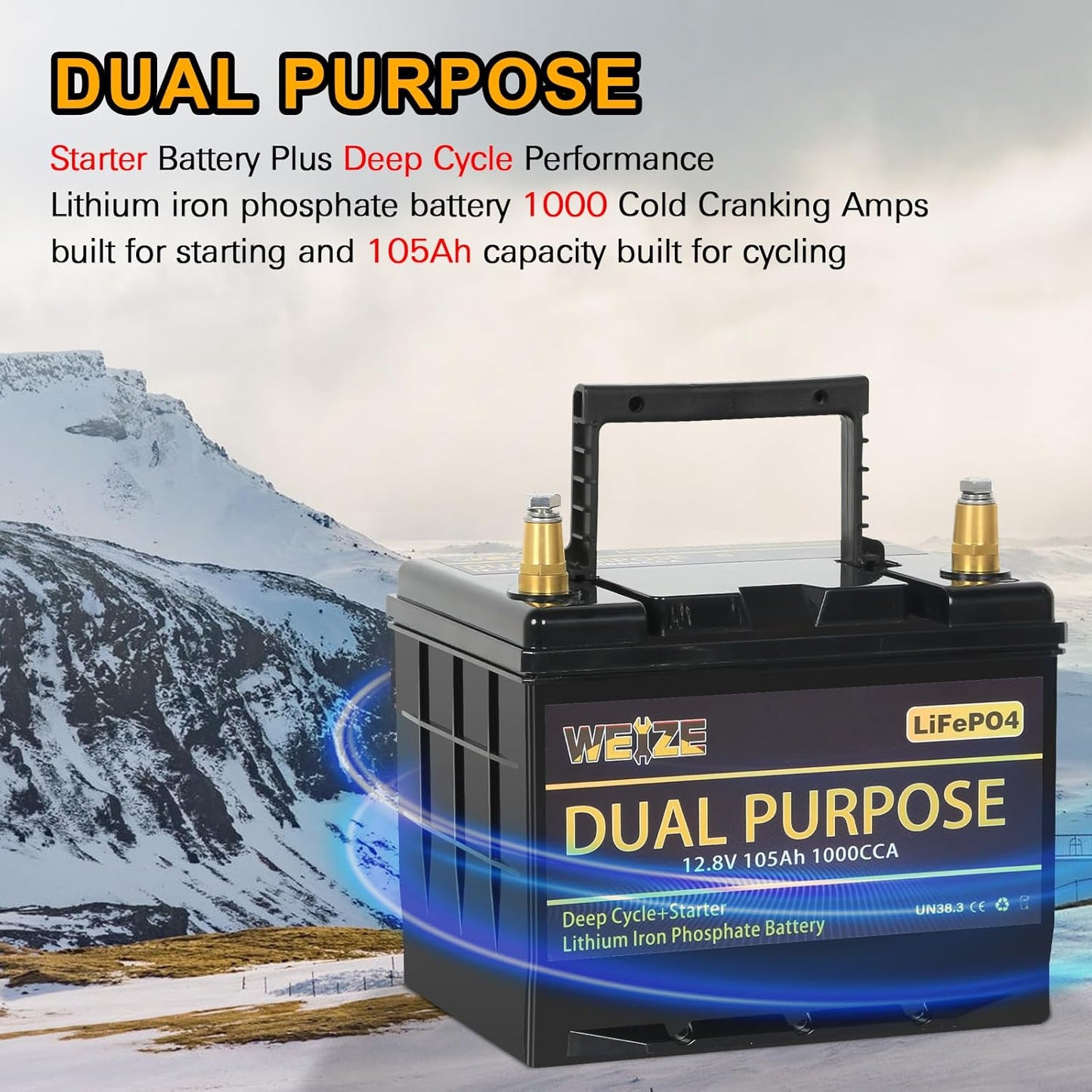 WEIZE 12V 105AH Dual Purpose LiFePO4 Lithium Battery, 1000CCA Group 31 Group 27 GC2 Starter Battery Plus Deep Cycle Performance, Built-in Smart BMS, Perfect for Automotive, Trolling Motor, Marine, RV