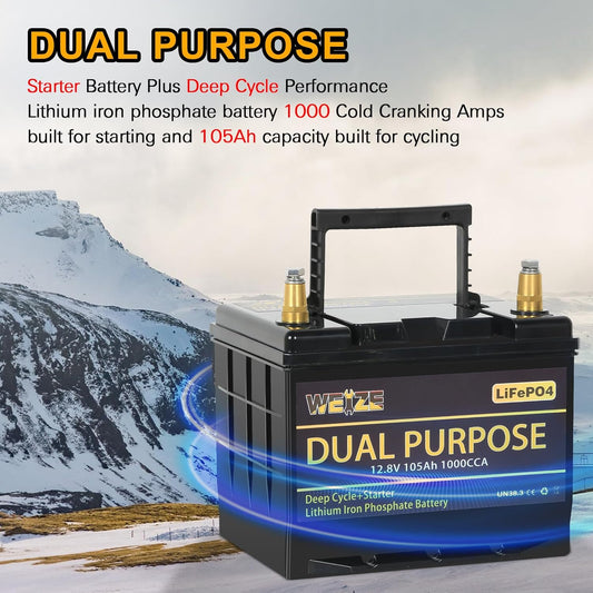 WEIZE 12V 105AH Dual Purpose LiFePO4 Lithium Battery, 1000CCA Group 31 Group 27 GC2 Starter Battery Plus Deep Cycle Performance, Built-in Smart BMS, Perfect for Automotive, Trolling Motor, Marine, RV