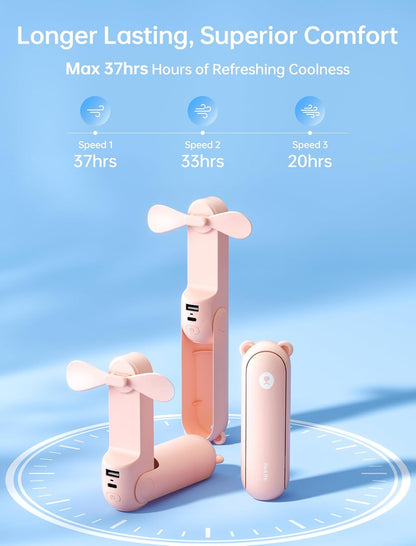 JISULIFE Handheld Fan with 4500 mAh Powerbank Max 37 Hours Runtime, Pocket Portable Battery Operated or USB Powered Folding Personal Fan, 3 Speeds, Gifts for Women Men Kids Gift for Festival-Pink