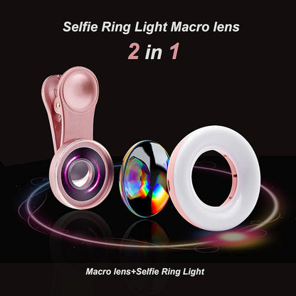 Macro Lens for iPhone and Android with Mini Clip Ring Light, Portable Rechargeable Dimming, for Smart Phone Photography, Camera Video Recording, VLOG