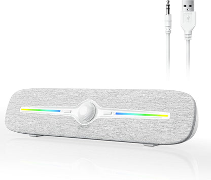 SOULION R90 Bluetooth Computer Speakers for Desktop, USB Powered 3.5mm AUX PC Speakers with LED Dynamic Light, Portable Soundbar Speaker with Rotary Volume Control for Laptop Monitor, White