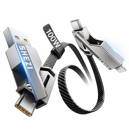 4-in-1 Long USB C Cable 100W 10FT Compatible with Lightning Cable [Fast Charging & Data Transfer] Flat Nylon Braided for iPhone iPad Charger Cord, Multi Charge Combo with L/Type C/USB A Port