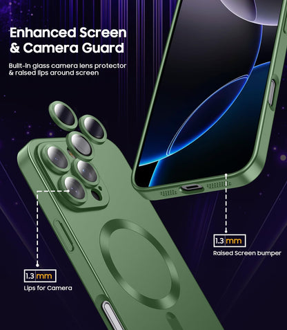 Magnetic for iPhone 16 Pro Case [Compatible with MagSafe][Built-in Camera Lens Protector] Slim Soft Silicone Bumper Shockproof Metallic Luster Phone Case (Green)