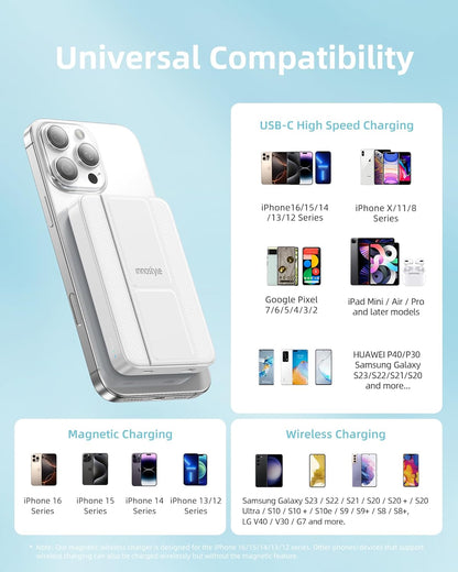 Magnetic 3-in-1 Portable Charger: 10000mAh Wireless Power Bank with 20W USB-C Fast Charging, Foldable Stand, Compatible with iPhone 16/15/14/13/12, AirPods & Samsung Galaxy