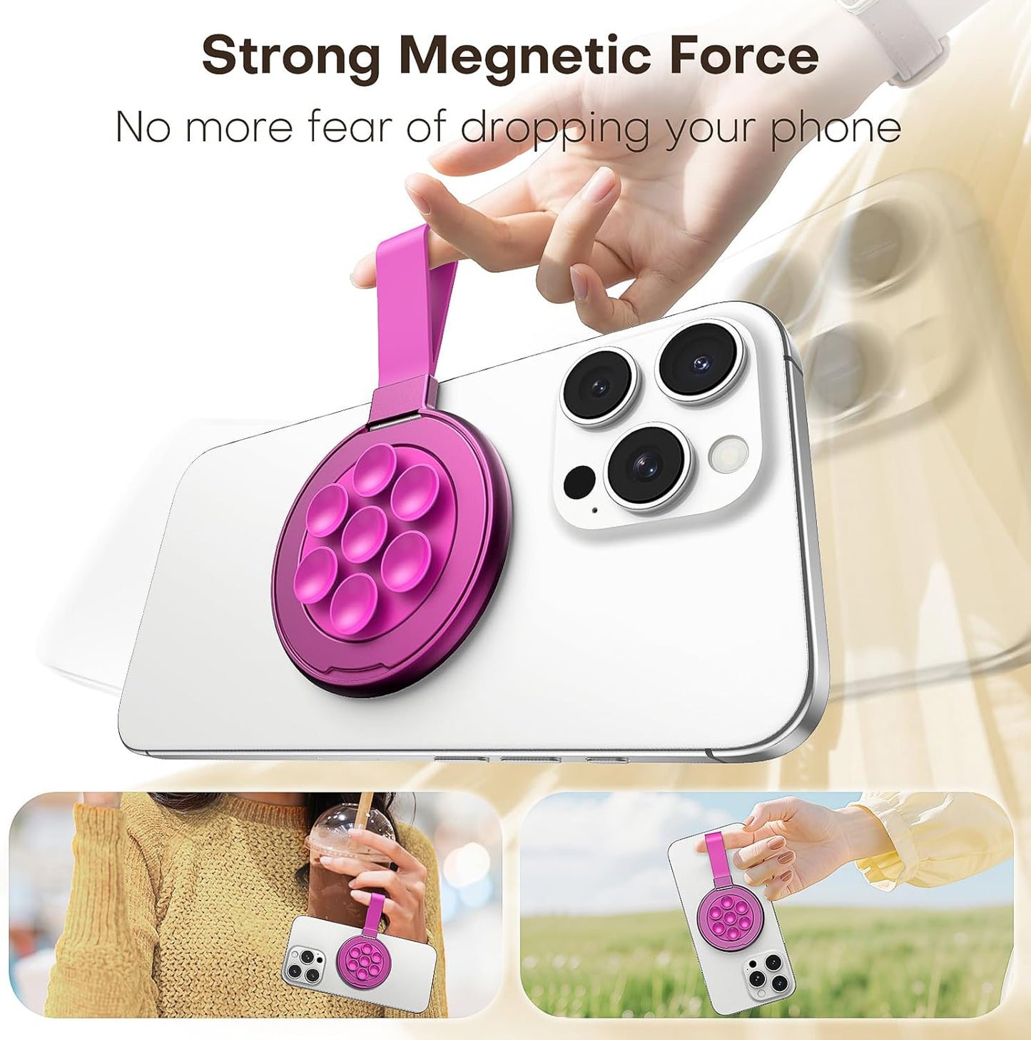 TAURI for Magsafe Suction Phone Grip,Universal Magnetic Suction Grip, 360 Rotating Hands-Free Holder, Silicone Suction Phone Grip Compatible with iPhone 16 Pro Max/15/Android/S25, Hot Pink
