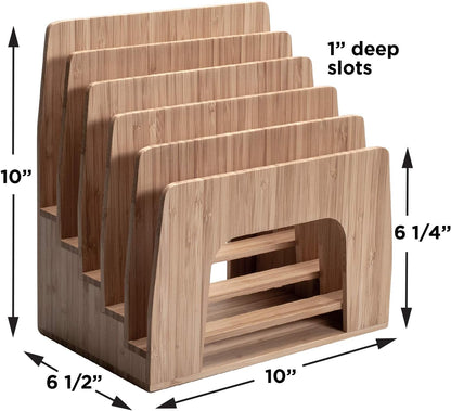 MobileVision Bamboo Multi Device Inclined Organizer for Smartphones, Tablets and Laptops, Upright Sections, Step Sorter, 5 Slots