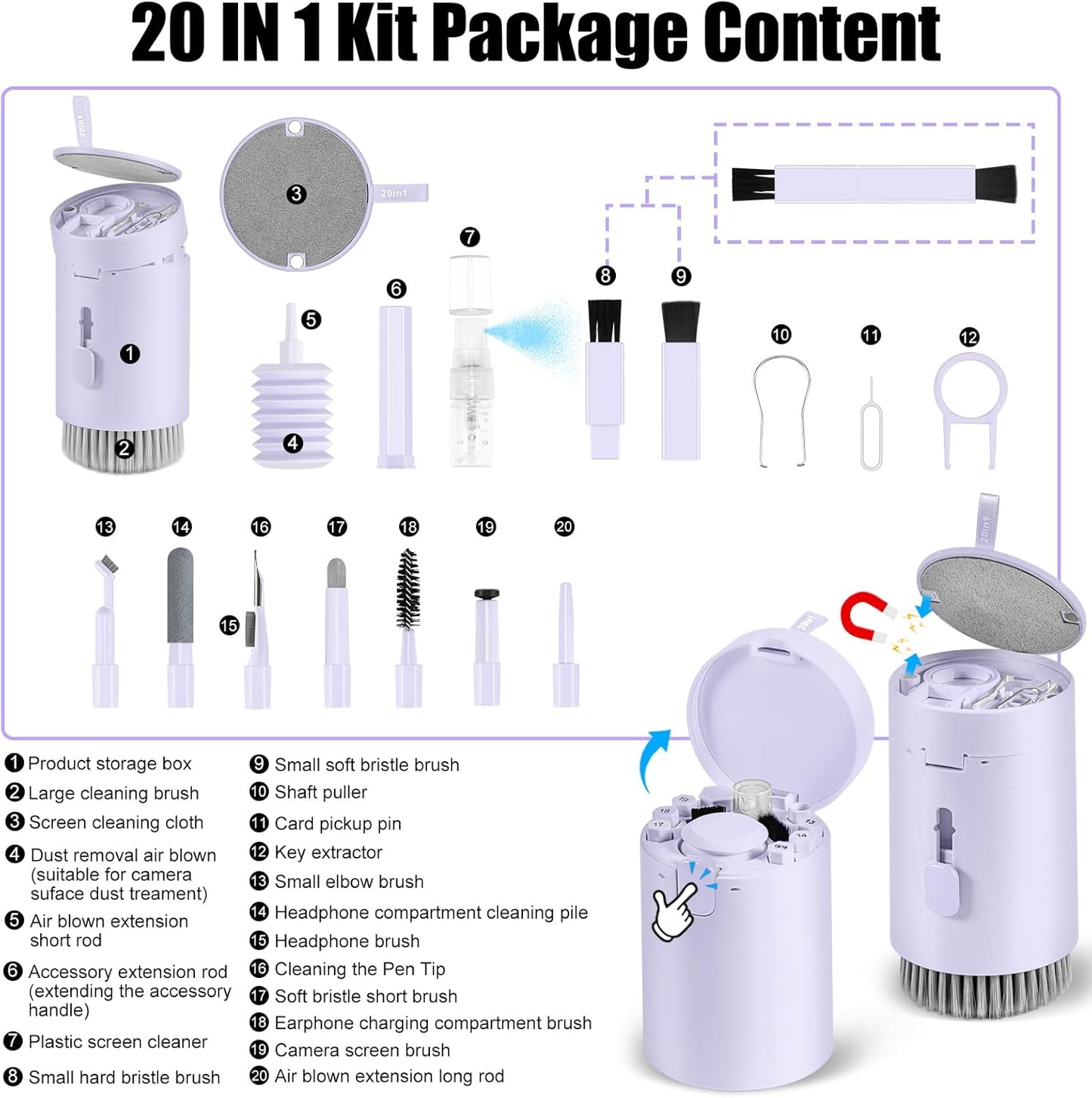 Laptop Phone Screen Cleaner Kit, Computer Keyboard Brush Cleaning Spray for iPhone AirPods Macbook iPad, 20-in-1 Electronic Device Clean Tool For Camera PC Monitor Earbud TV Tablet Car Screens- Purple