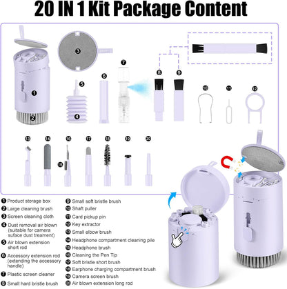 Laptop Phone Screen Cleaner Kit, Computer Keyboard Brush Cleaning Spray for iPhone AirPods Macbook iPad, 20-in-1 Electronic Device Clean Tool For Camera PC Monitor Earbud TV Tablet Car Screens- Purple
