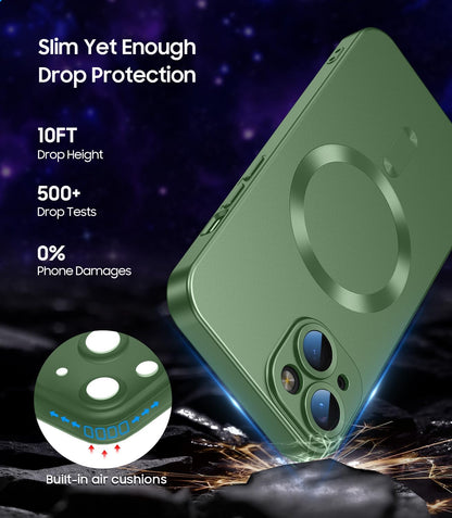 Magnetic for iPhone 13 Case [Compatible with MagSafe][Built-in Camera Lens Protector] Slim Soft Silicone Bumper Shockproof Metallic Luster Phone Case (Green)