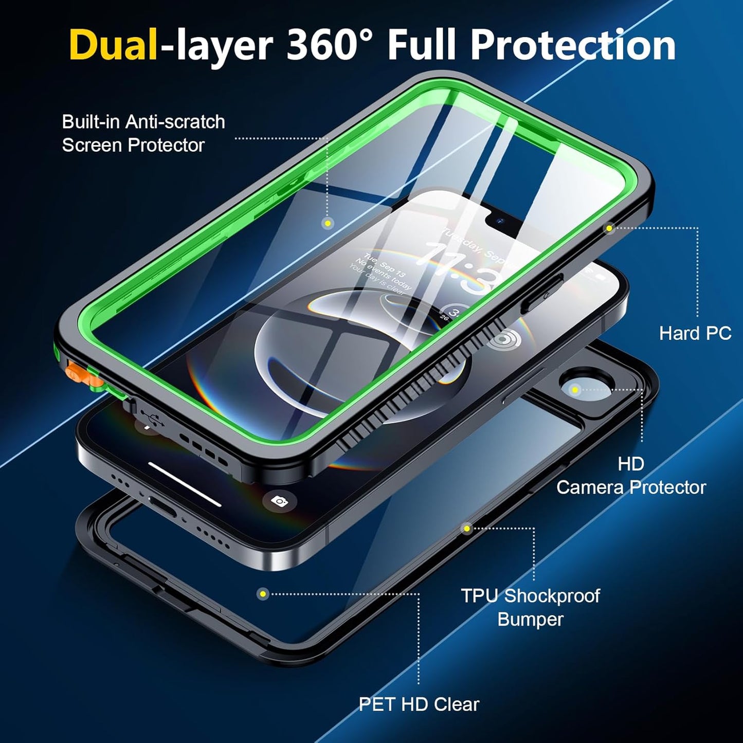 SPIDERCASE for iPhone 16e Case Waterproof,Built-in Screen & Camera Lens Protector[IP68 Underwater] [Military Grade Shockproof] Cell Phone Home Button Stickers, Green/Clear