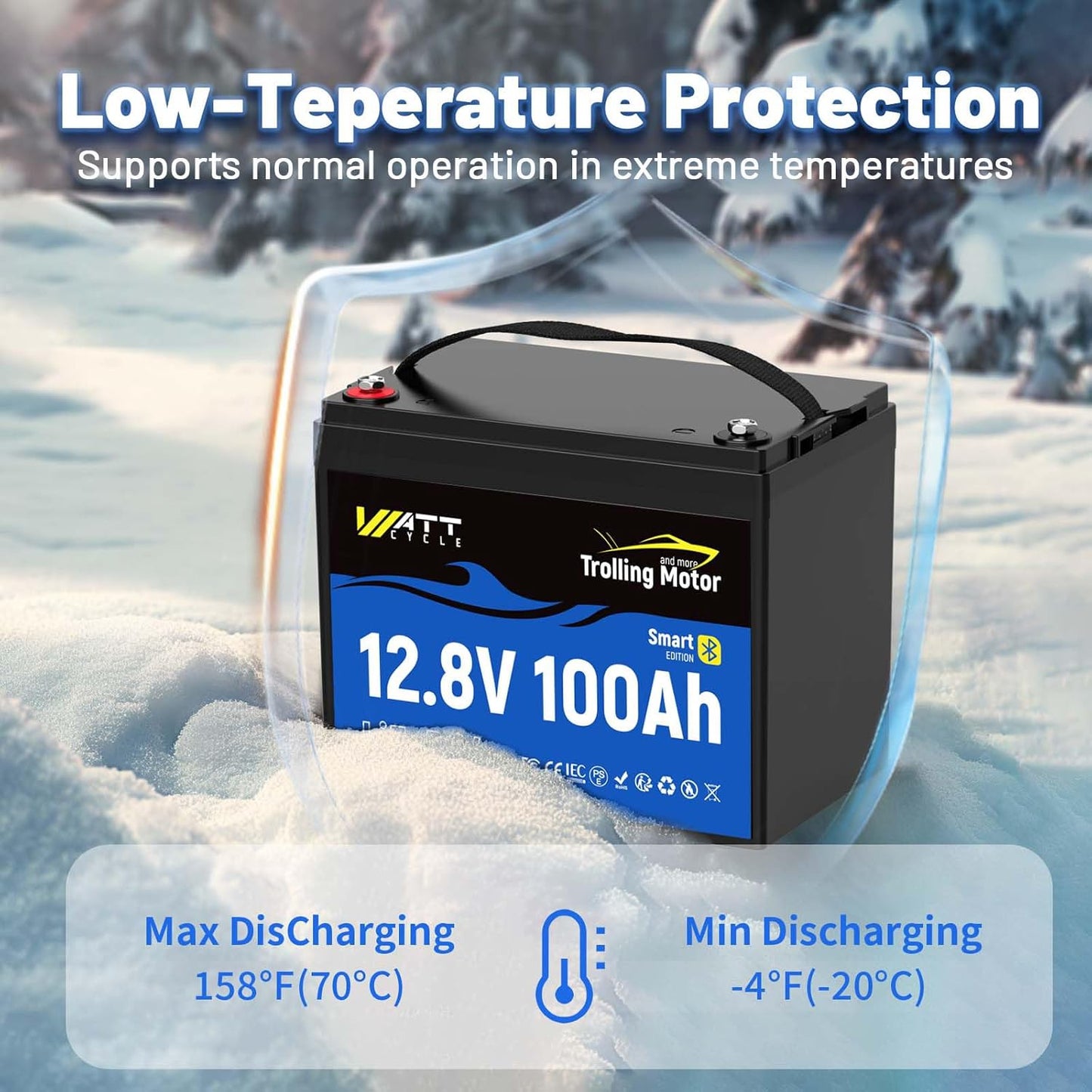 12V 100Ah TM LiFePO4 Lithium Battery with Smart Bluetooth, Group 24, Automatically Cuts Off and Recovery, 120A BMS, IP67, Deep Cycle Perfect for Trolling Motors Marine Boat RVs(2 Pack)